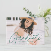 Modern Green Script Photo Graduation Party Kaart (Staand voorkant)