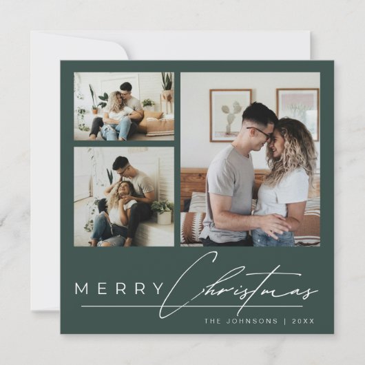 Modern Green Simple Script Photo Collage Christmas Feestdagenkaart (Voorkant)