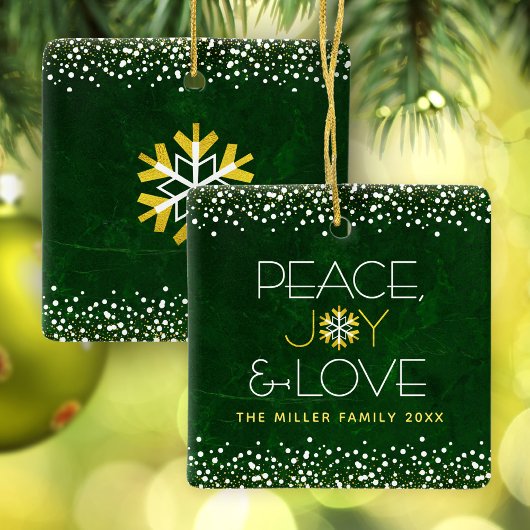 Modern Green Snowflake Peace Joy Love Custom Name Keramisch Ornament