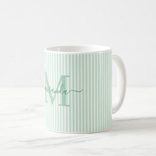 Modern Green Stripe Monogram Name Koffiemok (Voorkant rechts)