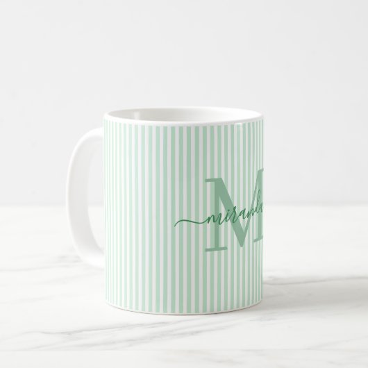 Modern Green Stripe Monogram Name Koffiemok (Voorkant links)