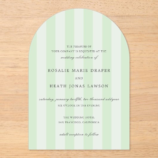 Modern Green Stripes Elegant Wedding Acryl Uitnodigingen (Voorkant)