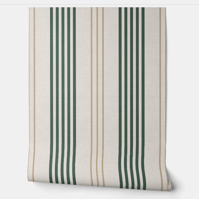 Modern Green Ticking Stripe Linen Texture Behang (Afrollen)