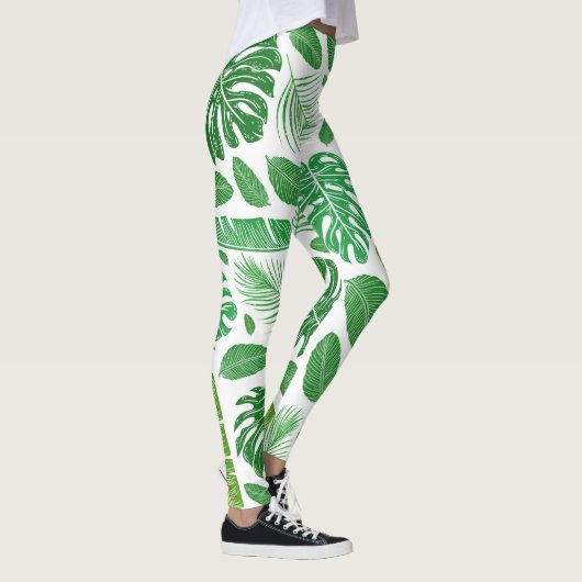 Modern Green Tropical Leafs Pattern Leggings (Rechts)