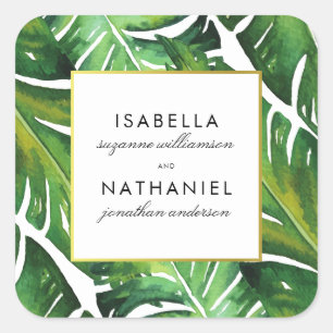 Modern Green Tropical Leaves Wedding Vierkante Sticker