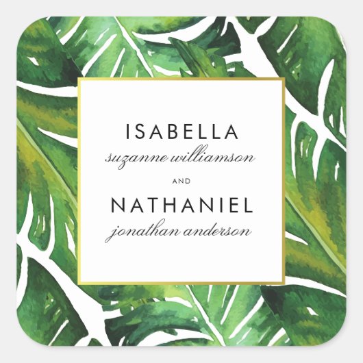 Modern Green Tropical Leaves Wedding Vierkante Sticker (Voorkant)