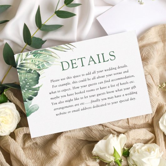 Modern Green Tropical Wedding Details Informatiekaartje