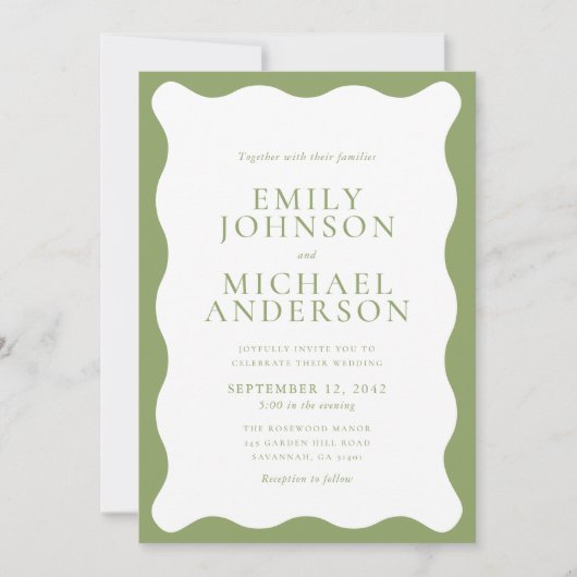 Modern Green Wavy Frame Wedding Invitation (Devant)