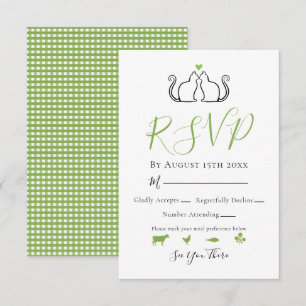 Modern Green White Gingham Cats in Love Weddenscha RSVP Kaartje