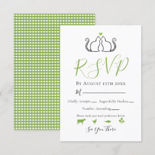 Modern Green White Gingham Cats in Love Weddenscha RSVP Kaartje