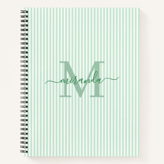 Modern Green & White Stripes Monogram Name Notitieboek (Voorkant)