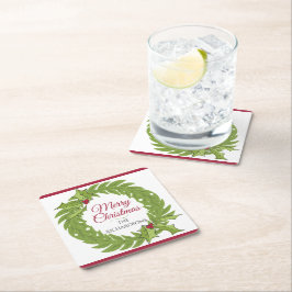 Modern Green Wreath Merry Christmas Personalized Vierkante Kartonnen Onderzetter