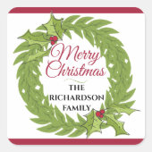 Modern Green Wreath Merry Christmas Personalized Vierkante Sticker (Voorkant)