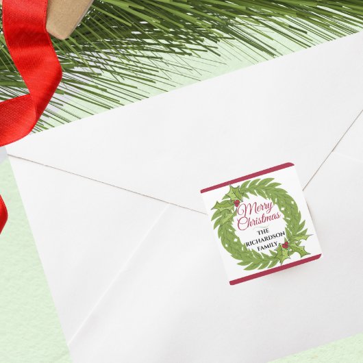 Modern Green Wreath Merry Christmas Personalized Vierkante Sticker