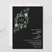 Modern Greenery Black Monogram Wedding Kaart (Voorkant)