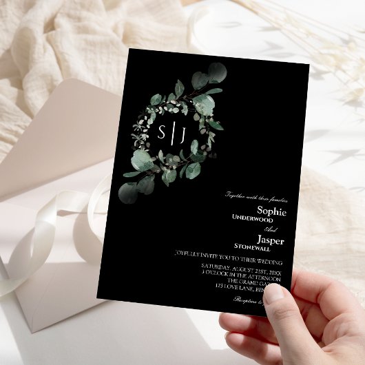 Modern Greenery Black Monogram Wedding Kaart