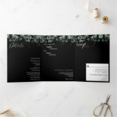 Modern Greenery Black Tri-Fold Wedding Invitation Drieluik Uitnodiging (Binnen)