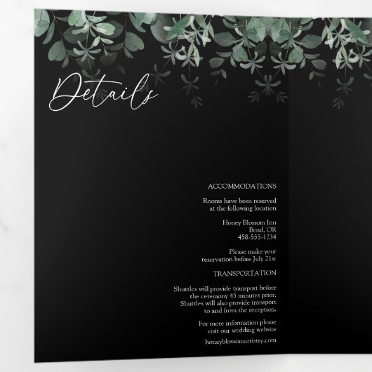 Modern Greenery Black Tri-Fold Wedding Invitation Drieluik Uitnodiging (Binnenzijde eerst)