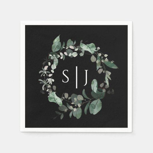 Modern Greenery Black Wedding Monogram Servet (Voorkant)