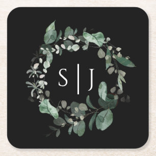 Modern Greenery Black Wedding Monogram Vierkante Kartonnen Onderzetter