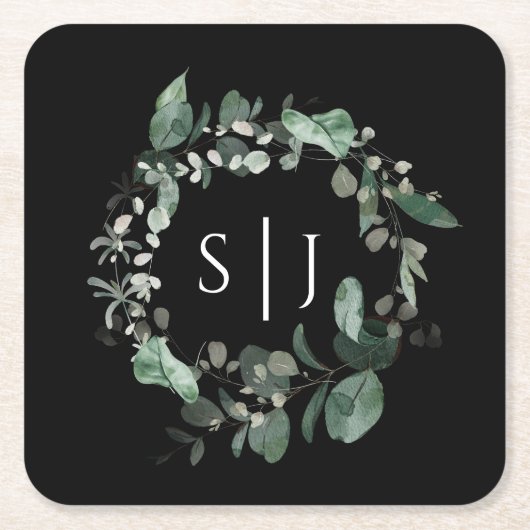 Modern Greenery Black Wedding Monogram Vierkante Kartonnen Onderzetter (Voorkant)