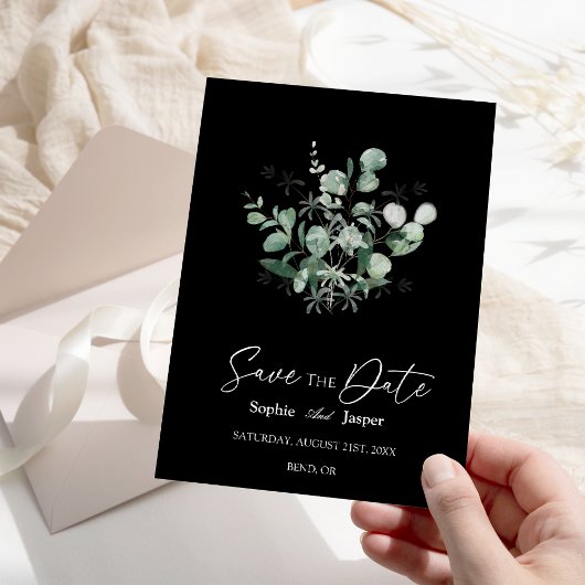 Modern Greenery Black Wedding Save the Date