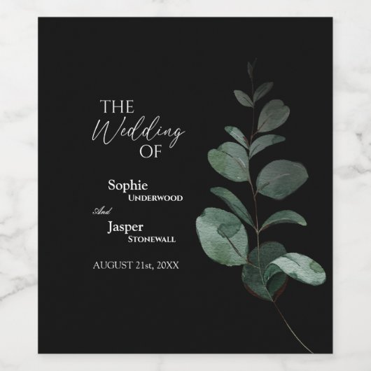 Modern Greenery Black Wedding Wine Label Wijn Etiket (Enkel label)