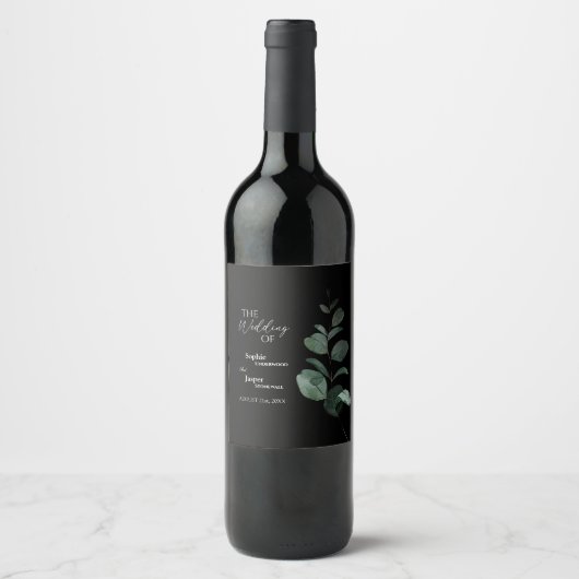 Modern Greenery Black Wedding Wine Label Wijn Etiket (Voorkant)