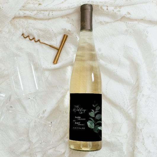Modern Greenery Black Wedding Wine Label Wijn Etiket