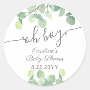 Modern Greenery Eucalyptus Oh Boy Baby shower Ronde Sticker