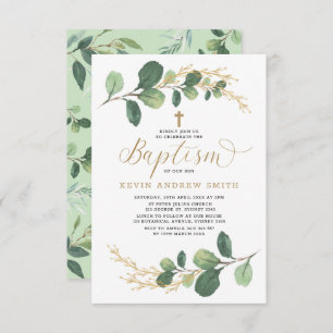 Modern Greenery Gold Boy Girl Baptism Kaart