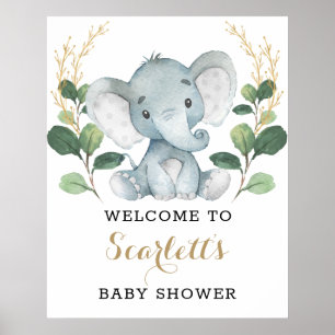 Modern Greenery Gold Elephant Baby shower Welkom Poster