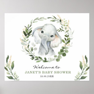 Modern Greenery Gold Elephant Baby shower Welkom Poster