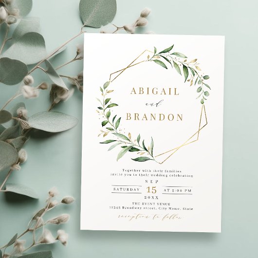 Modern Greenery Gold Geometric Rustic Wedding Kaart