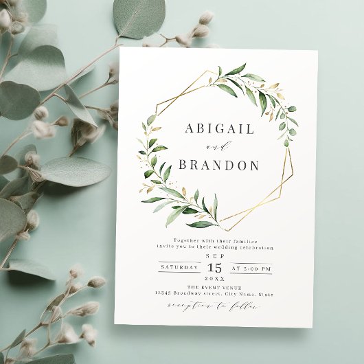 Modern Greenery Gold Geometric Rustic Wedding Kaart