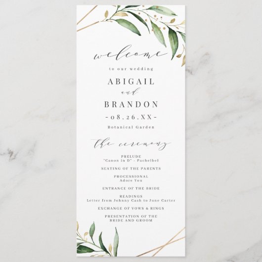 Modern Greenery Gold Geometric Rustic Wedding Programma (Voorkant)