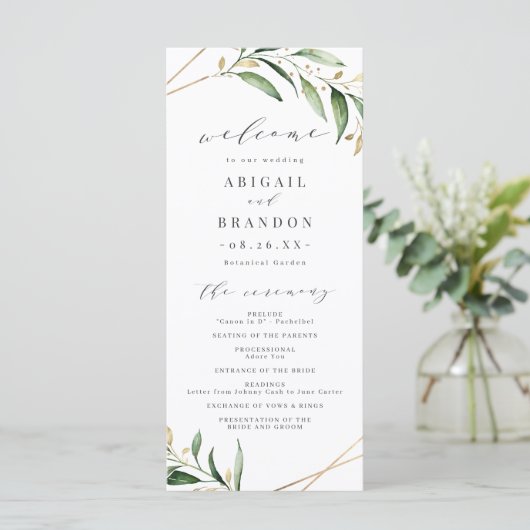 Modern Greenery Gold Geometric Rustic Wedding Programma (Staand voorkant)