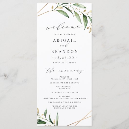 Modern Greenery Gold Geometric Rustic Wedding Programma (Voorkant)