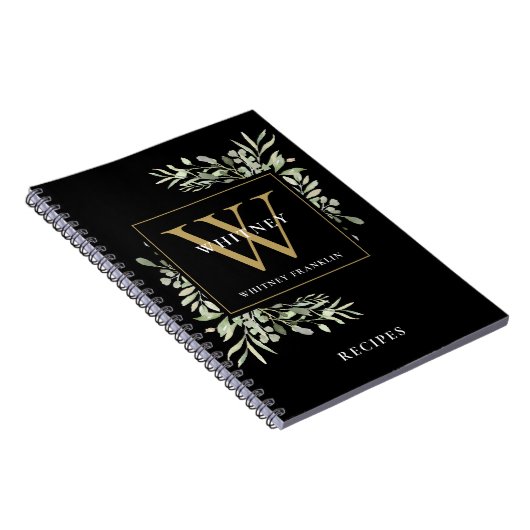 Modern Greenery Gold Monogram Naam Recipe Cookbook Notitieboek (Rechterzijde)