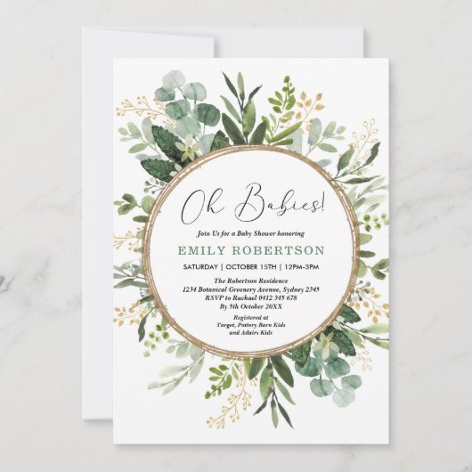Modern Greenery Gold Neutral Twins Baby shower Kaart (Voorkant)