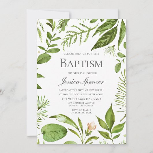 Modern Greenery Leaf Wreath Baptism Invite Kaart (Voorkant)