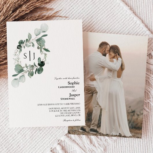 Modern Greenery White Monogram Foto Weddenschap Kaart