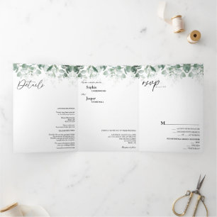 Modern Greenery White Tri-Fold Wedding Invitation Drieluik Uitnodiging