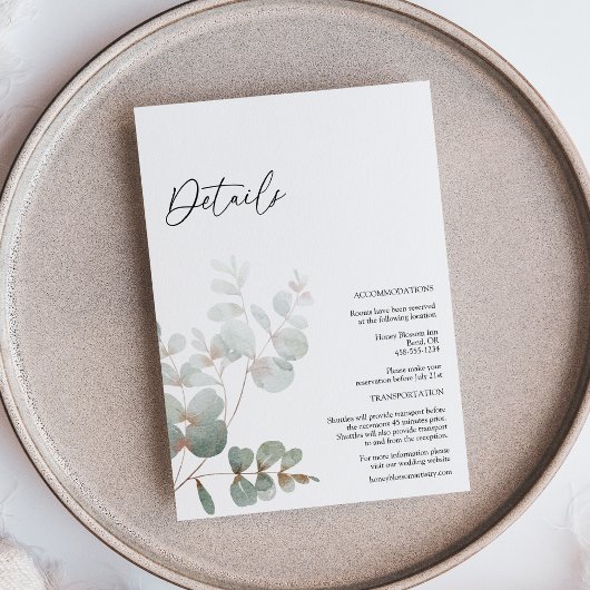 Modern Greenery White Wedding Details Informatiekaartje