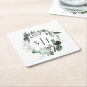 Modern Greenery White Wedding Monogram Vierkante Kartonnen Onderzetter (Schuin)