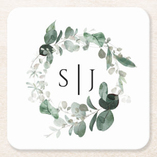 Modern Greenery White Wedding Monogram Vierkante Kartonnen Onderzetter