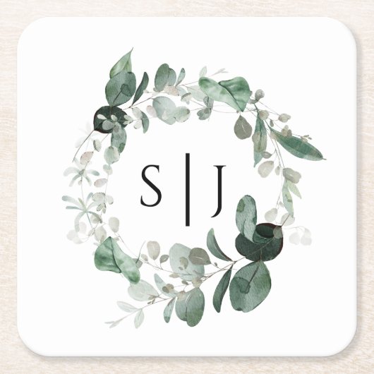 Modern Greenery White Wedding Monogram Vierkante Kartonnen Onderzetter (Voorkant)