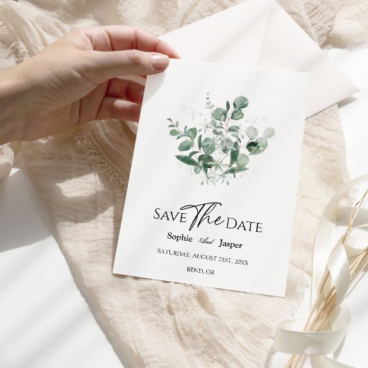 Modern Greenery White Wedding Save the Date Kaart