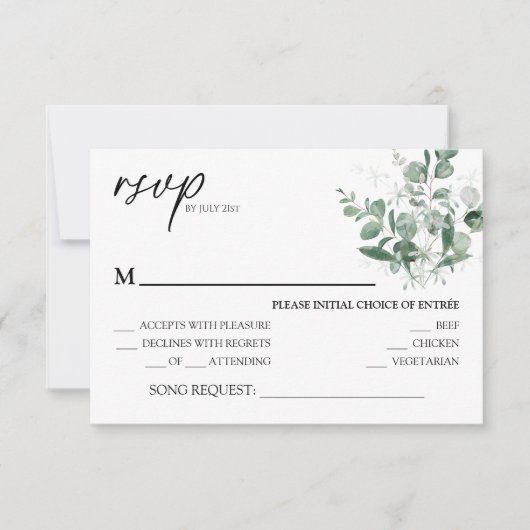 Modern Greenery White Wedding Song Request RSVP Kaartje (Voorkant)