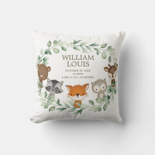 Modern Greenery Woodland Birth Stats Boy Nursery Kussen (Voorkant)